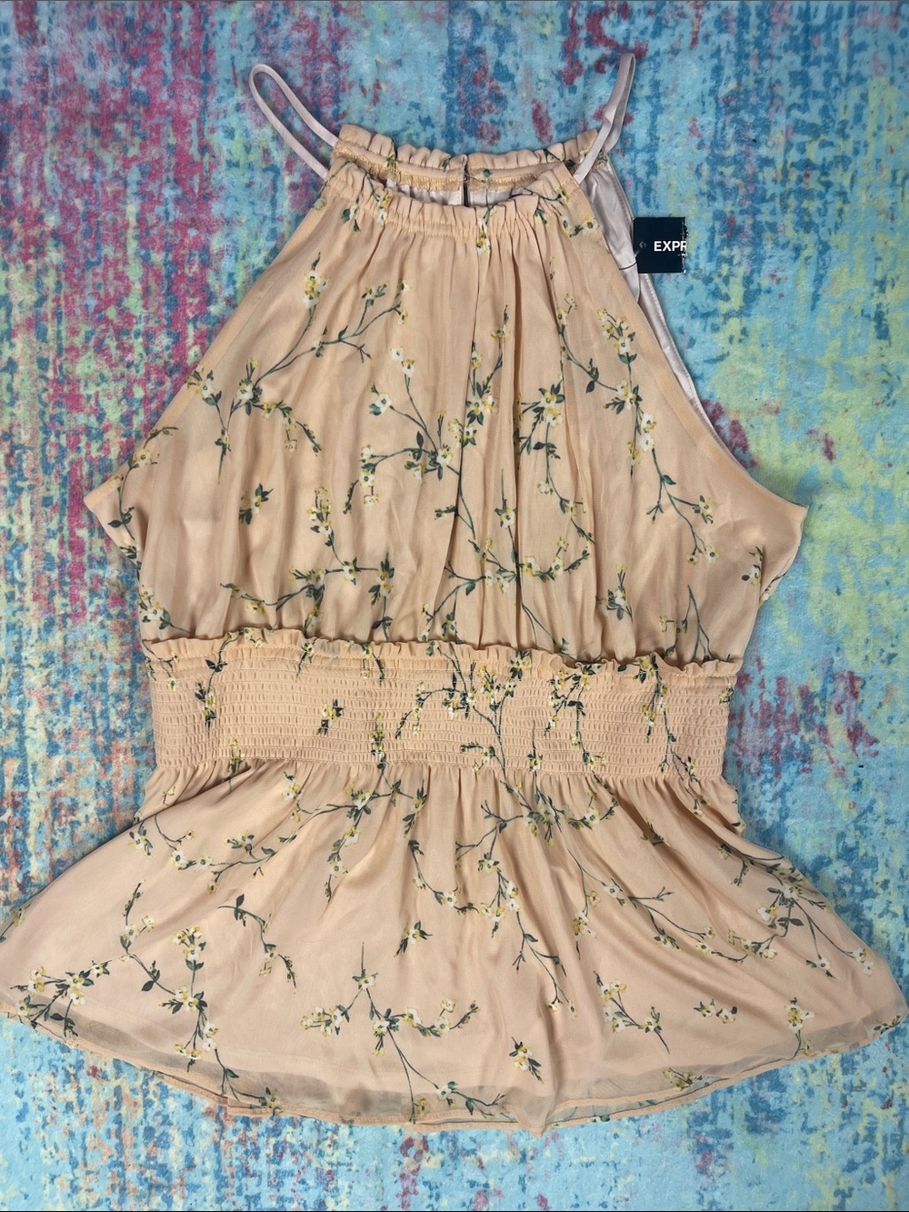Express Peach Floral Halter Smocked Peplum Top